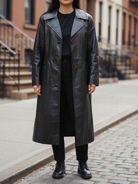 Vintage 70s Retro Funky Black Leather Long Button Up Trench Coat Sz M